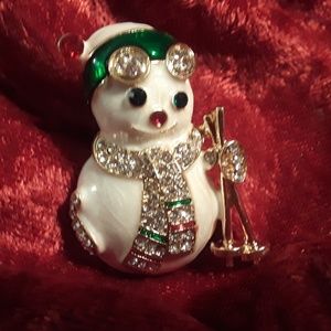 Skiing Snowman Rhinestone Pin